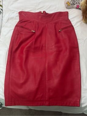 Vintage North Beach Leather Crimson Red Midi Pencil Skirt with Zip Pockets
